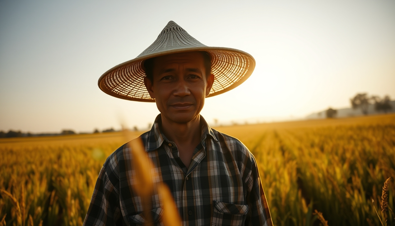 rural worker in a sunny field with traditional hat in editorial style