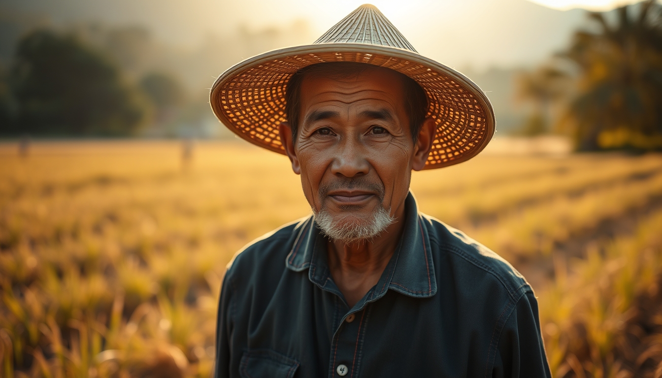 rural worker in a sunny field with traditional hat in editorial style