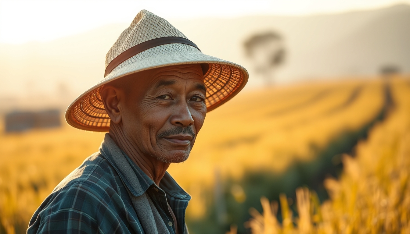 rural worker in a sunny field with traditional hat in editorial style