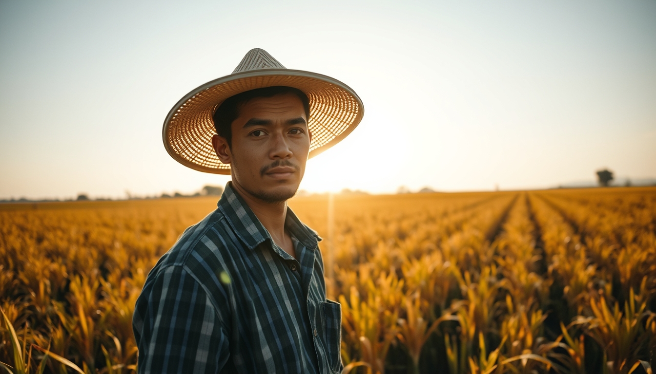rural worker in a sunny field with traditional hat in editorial style