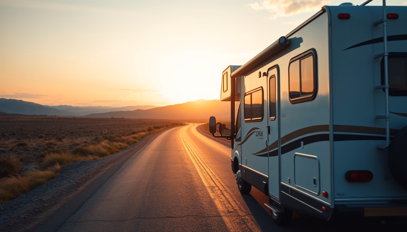 rv camper road trip in editorial style