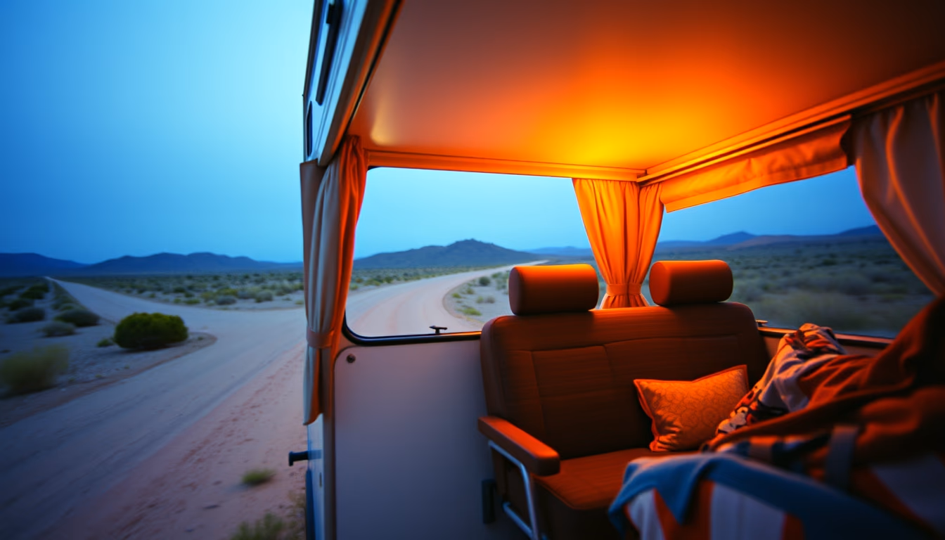 rv camper road trip in editorial style