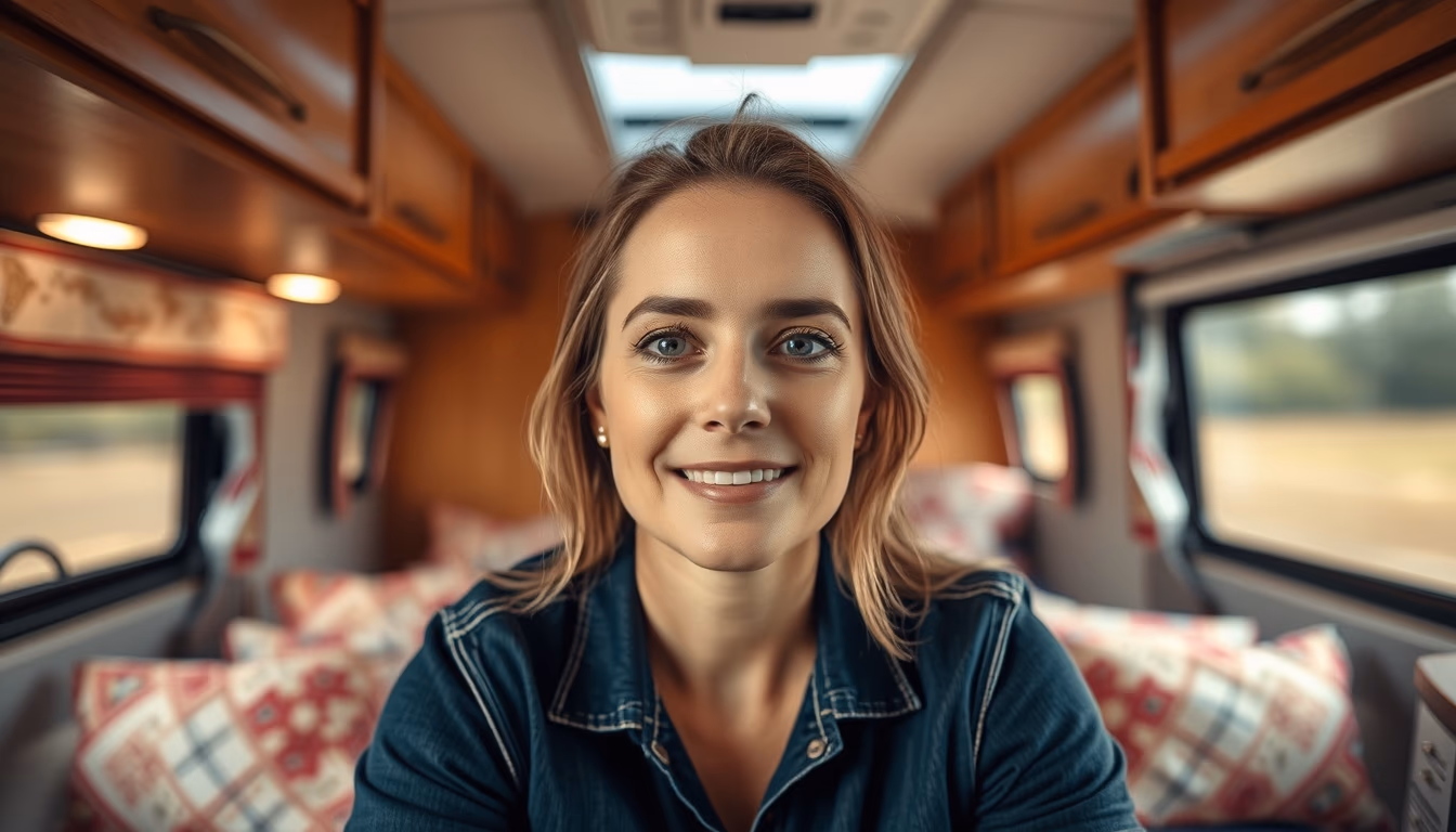 rv camper road trip in editorial style