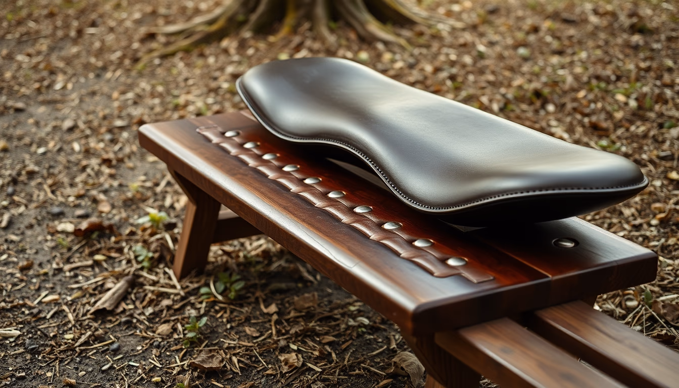 saddle leather bench in editorial style