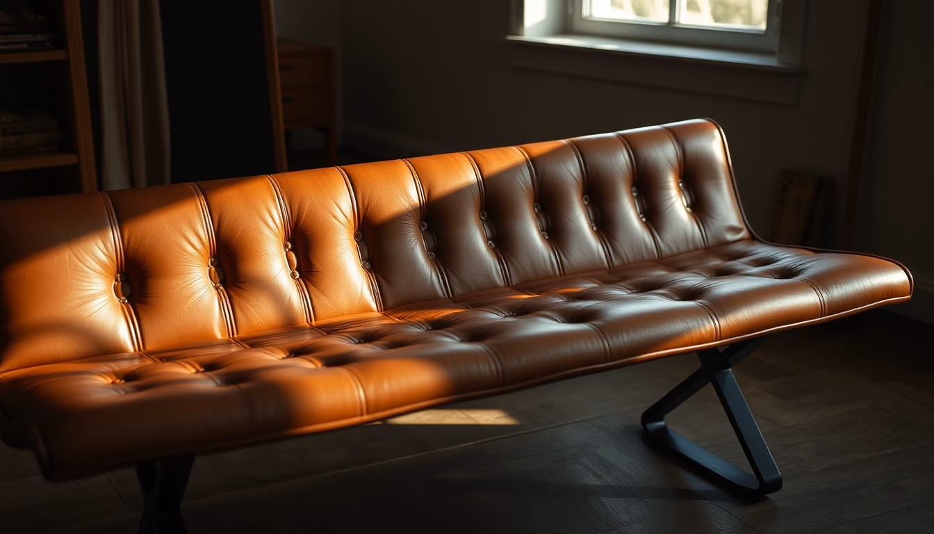 saddle leather bench in editorial style