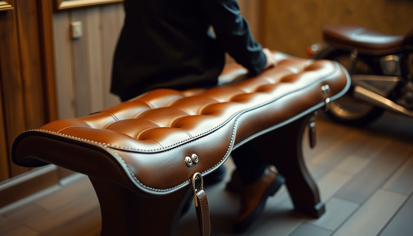 saddle leather bench in editorial style