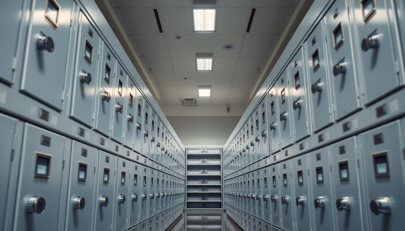 safe deposit boxes row in editorial style