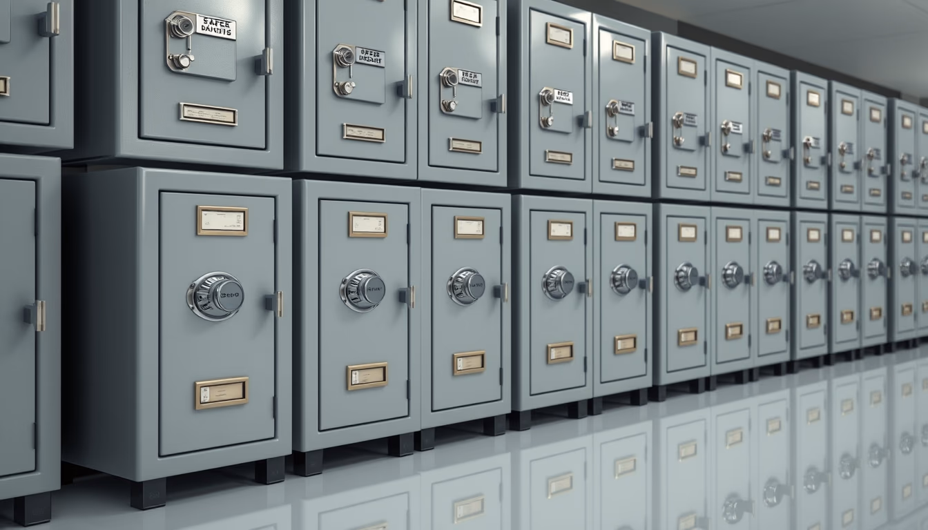 safe deposit boxes row in editorial style