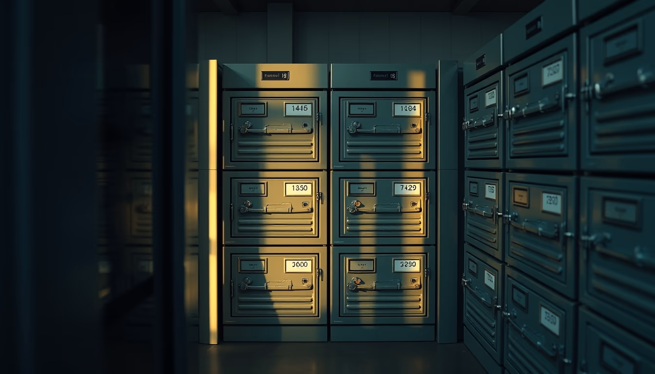 safe deposit boxes row in editorial style