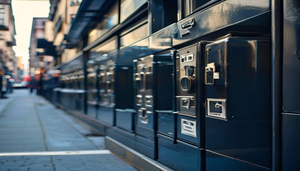 safe deposit boxes row in editorial style