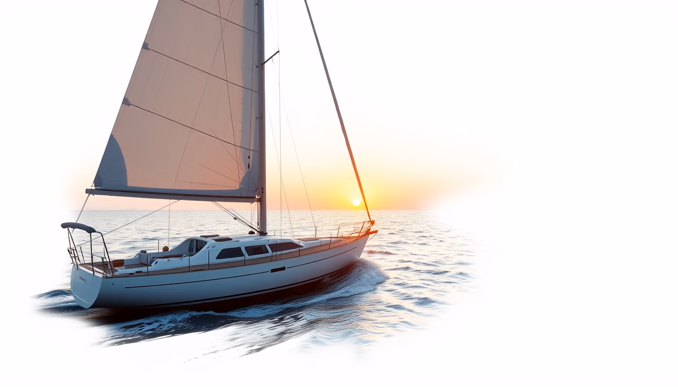 sailing boat sunset open sea in editorial style