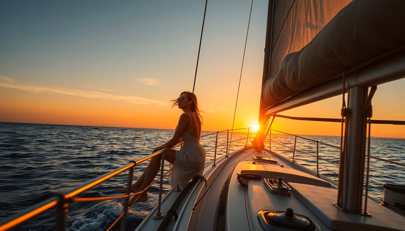 sailing boat sunset open sea in editorial style