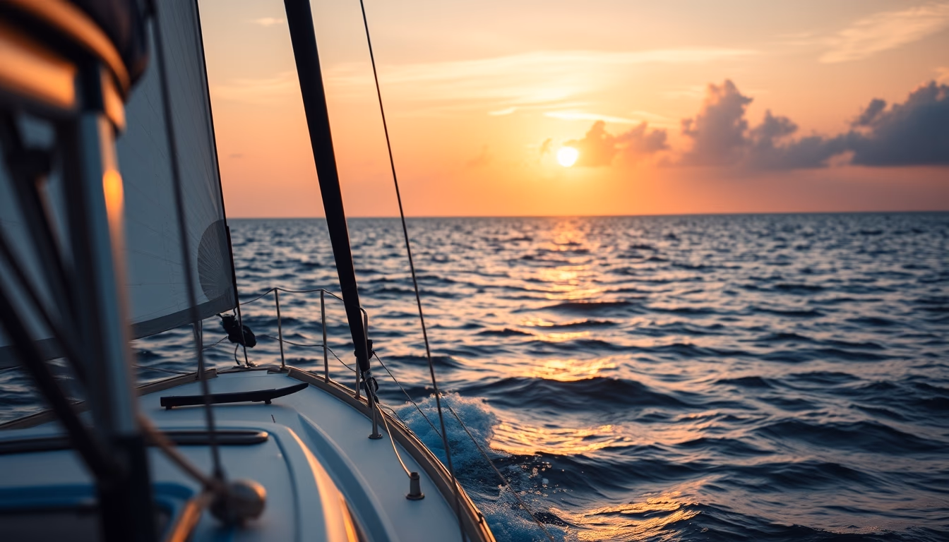 sailing boat sunset open sea in editorial style