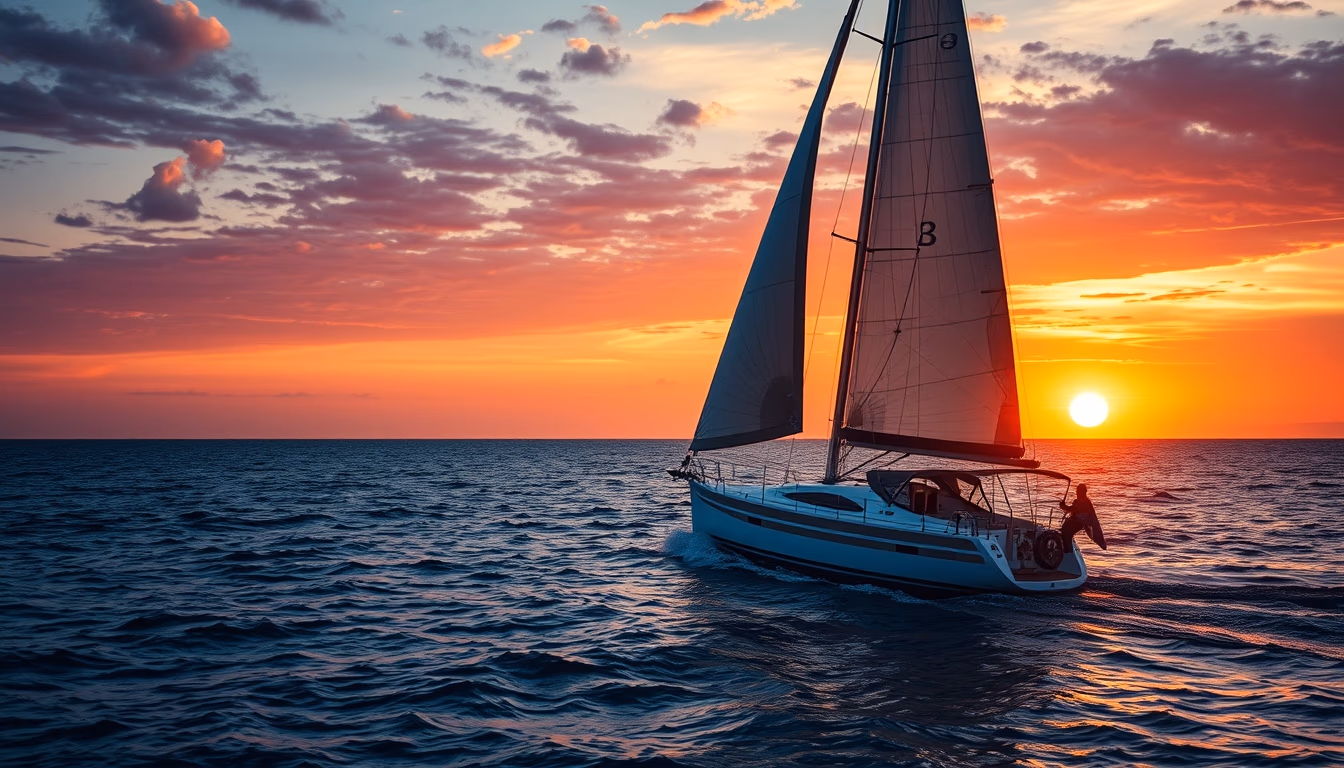 sailing boat sunset open sea in editorial style