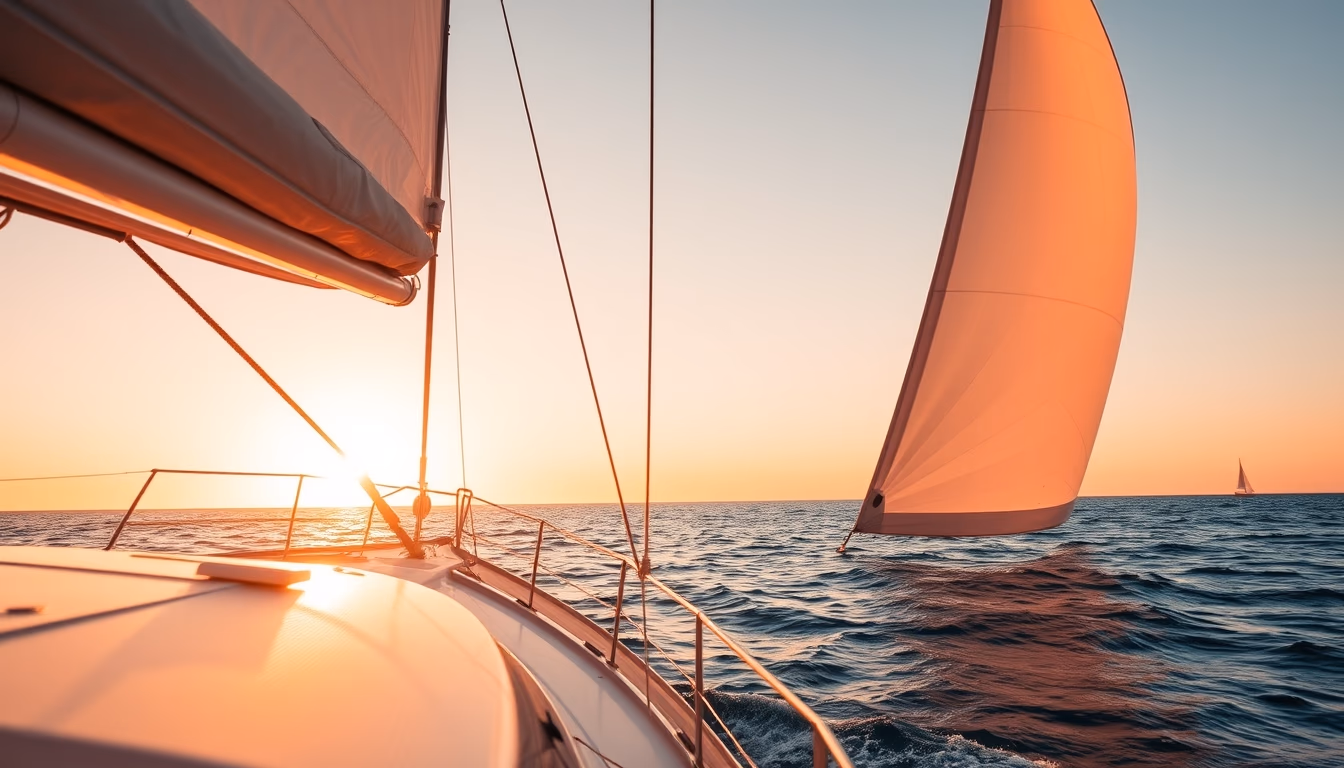 sailing boat sunset open sea in editorial style