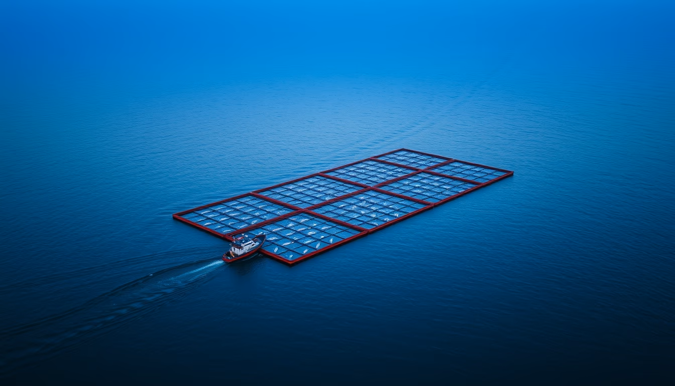 salmon farm offshore in editorial style