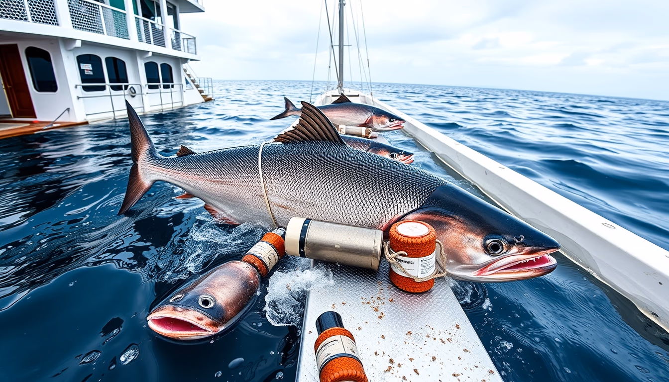 salmon farm offshore in editorial style