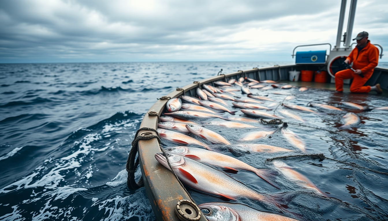 salmon farm offshore in editorial style