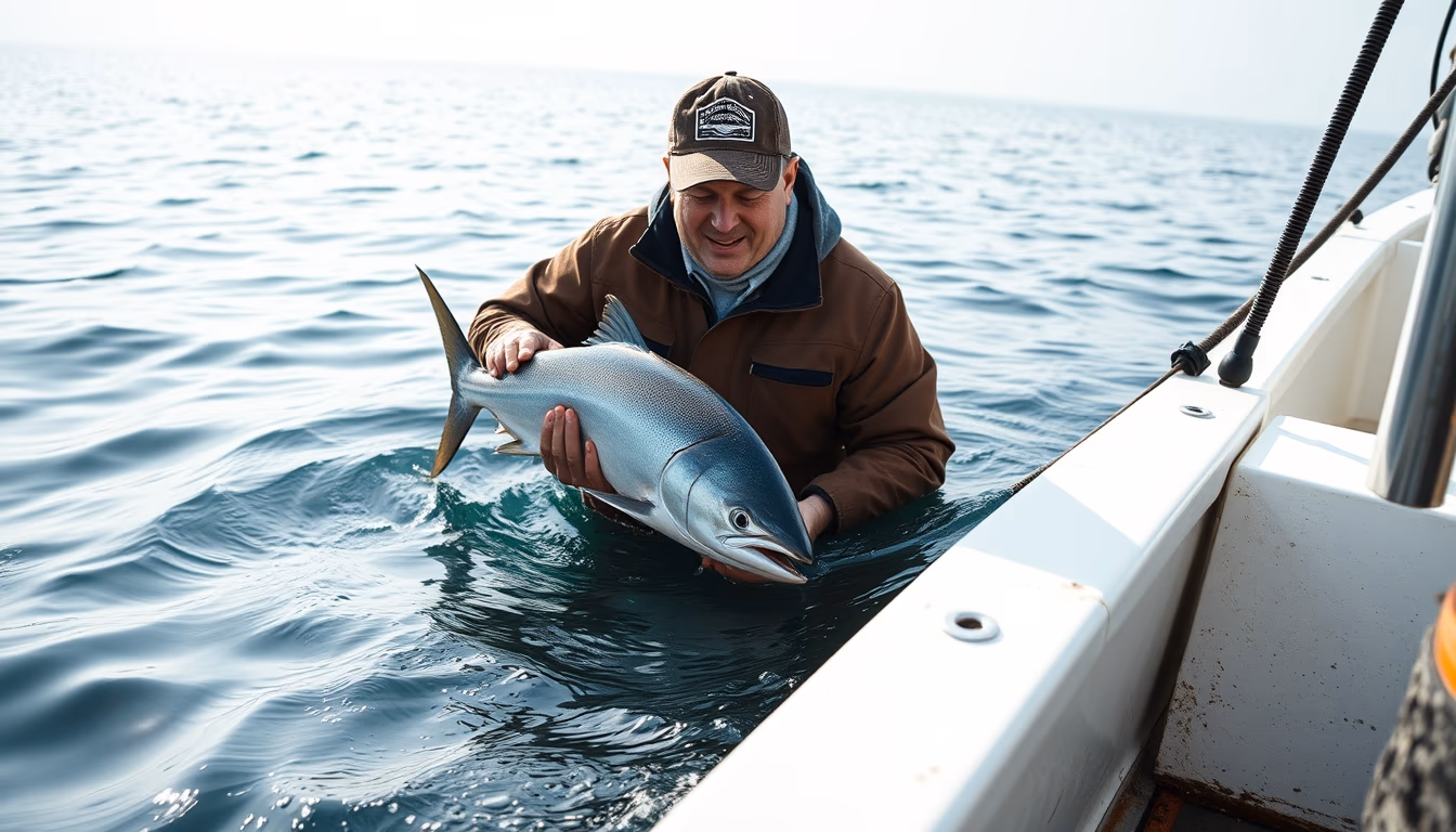 salmon farm offshore in editorial style