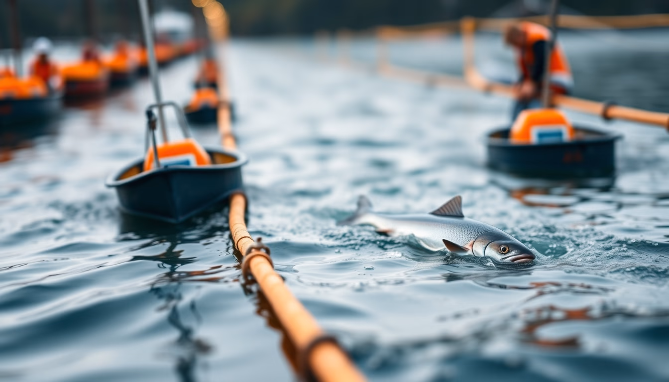 salmon farm offshore in editorial style