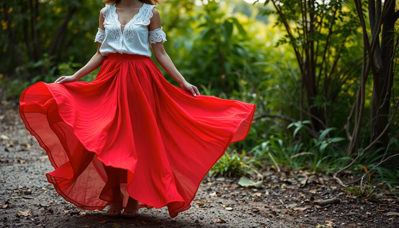 salsa skirt red flowing in editorial style