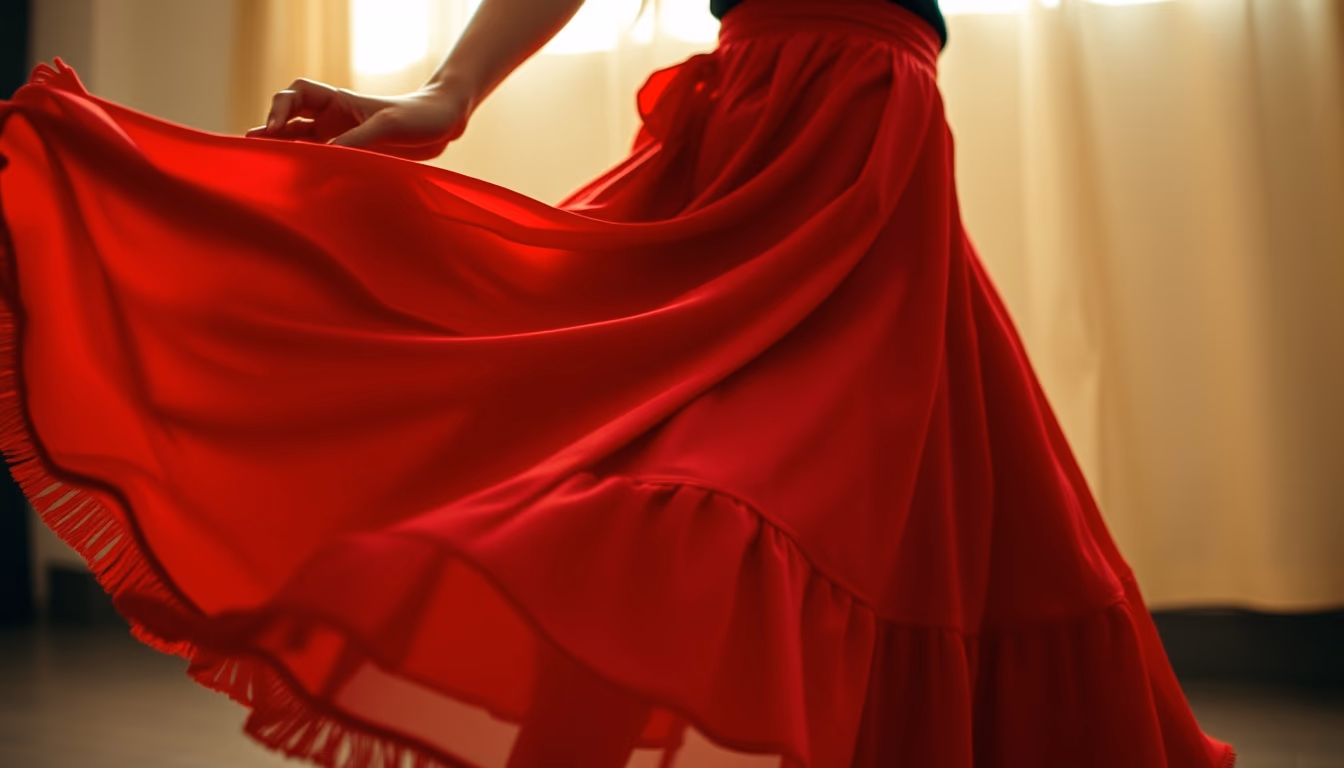 salsa skirt red flowing in editorial style