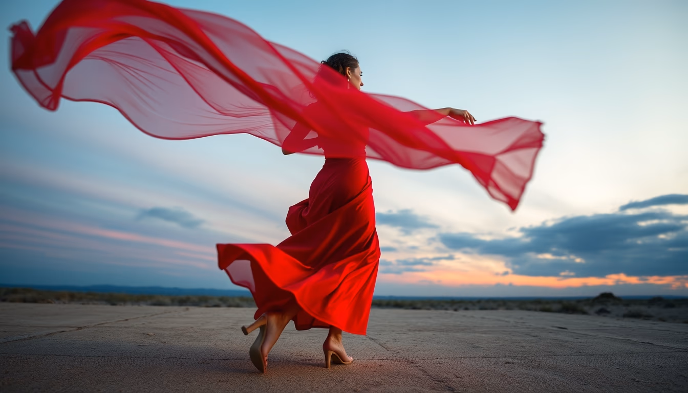 salsa skirt red flowing in editorial style
