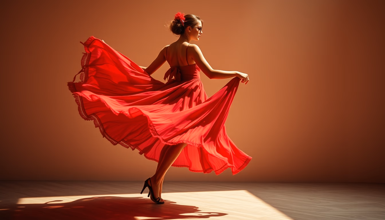 salsa skirt red flowing in editorial style