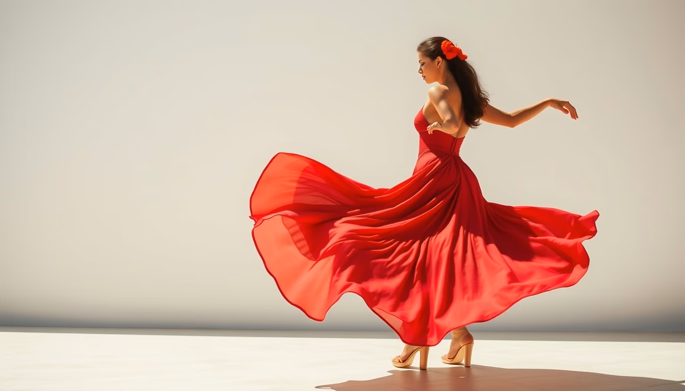 salsa skirt red flowing in editorial style