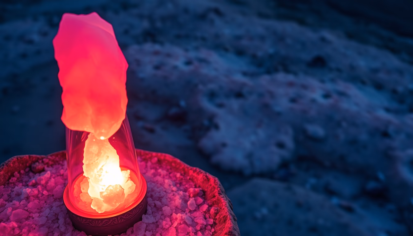 salt lamp glowing pink in editorial style