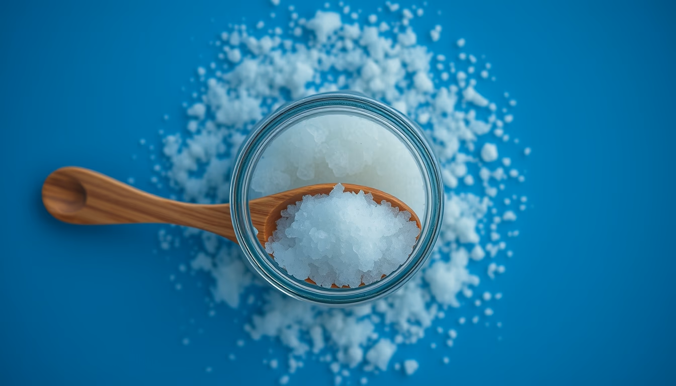 salt scrub jar wood spoon in editorial style