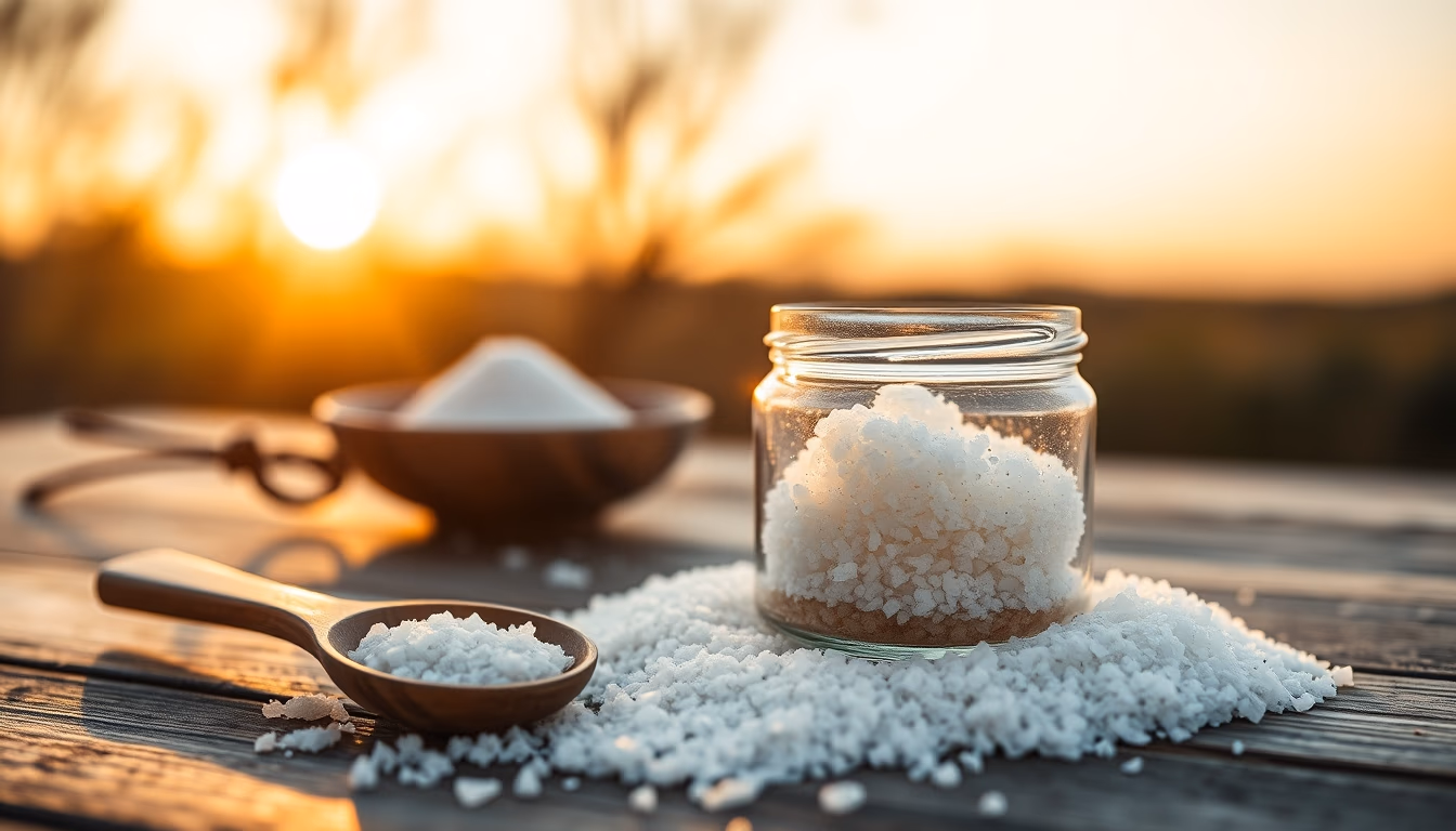 salt scrub jar wood spoon in editorial style