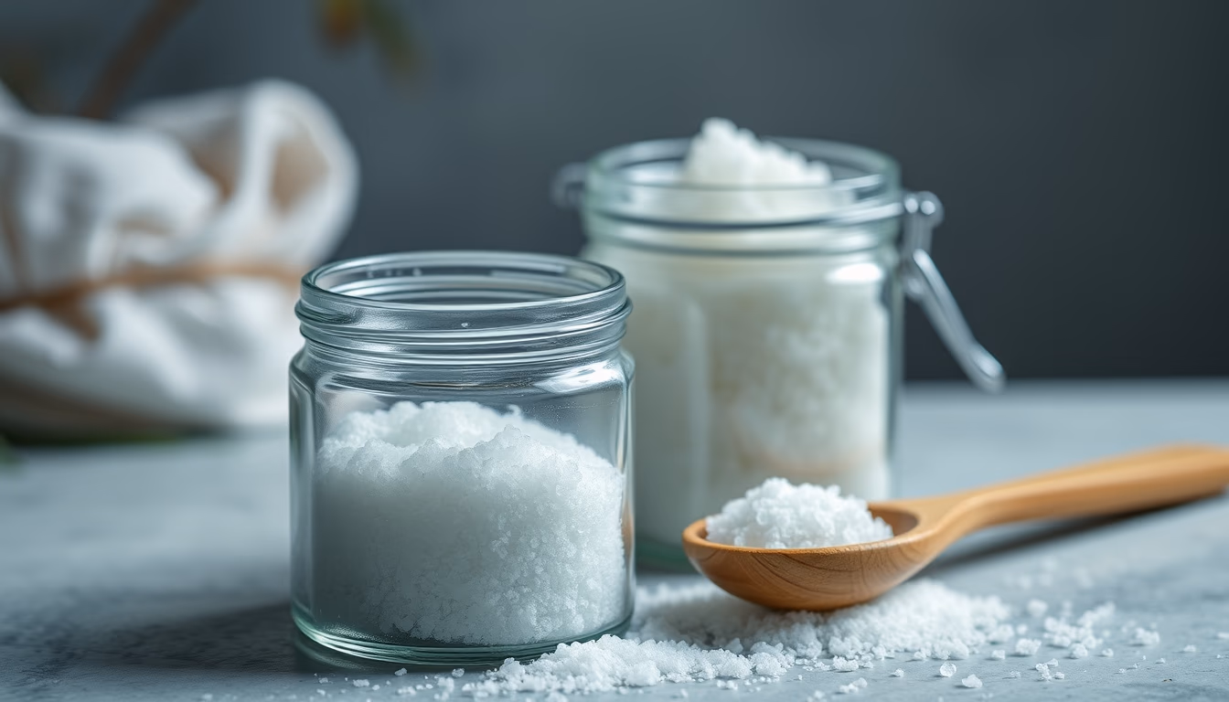 salt scrub jar wood spoon in editorial style