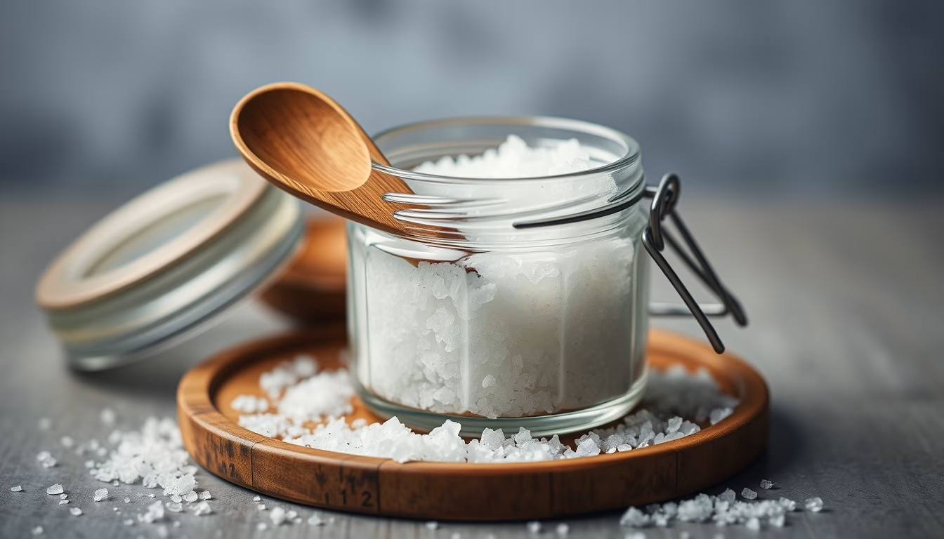 salt scrub jar wood spoon in editorial style