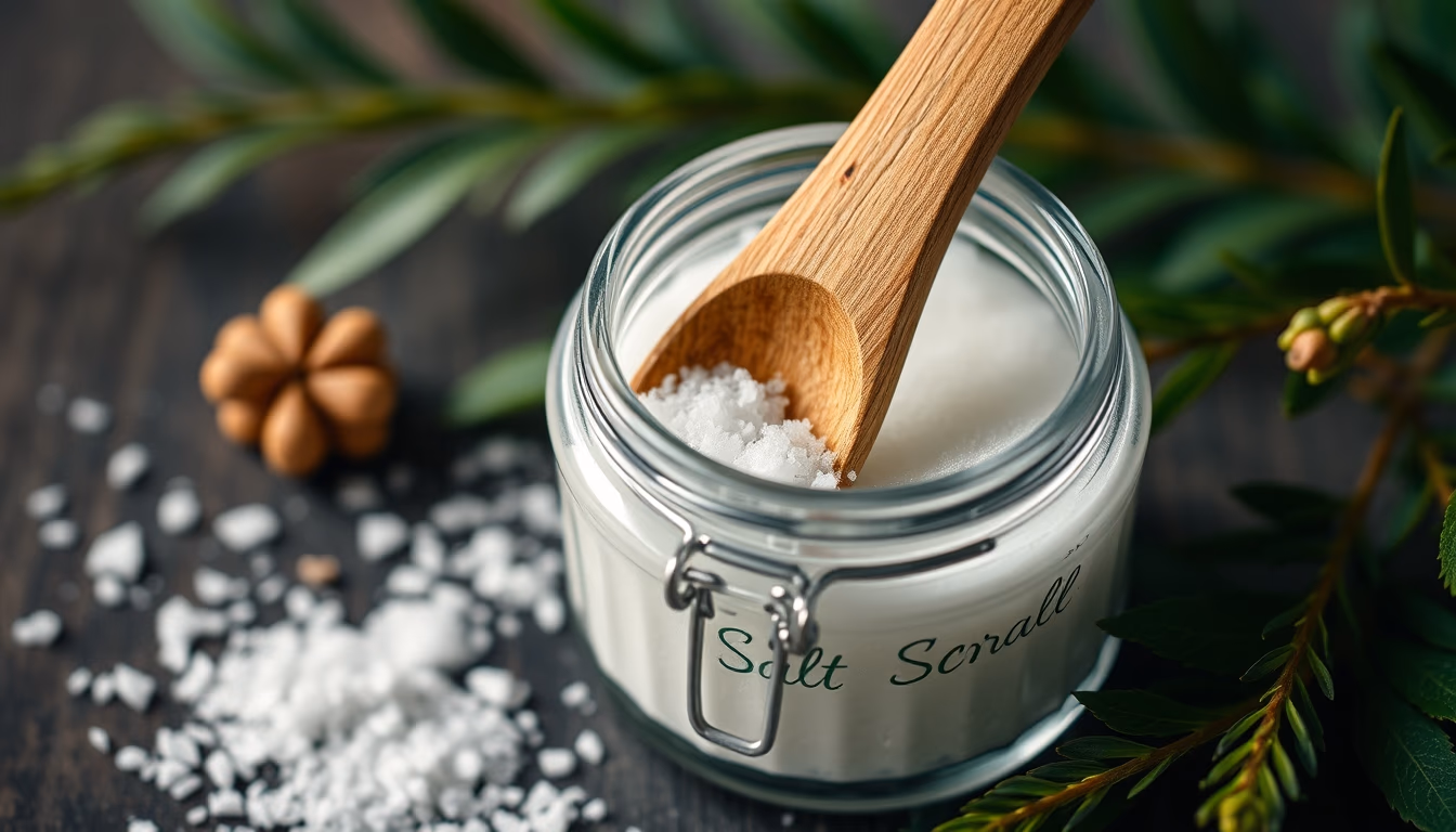 salt scrub jar wood spoon in editorial style