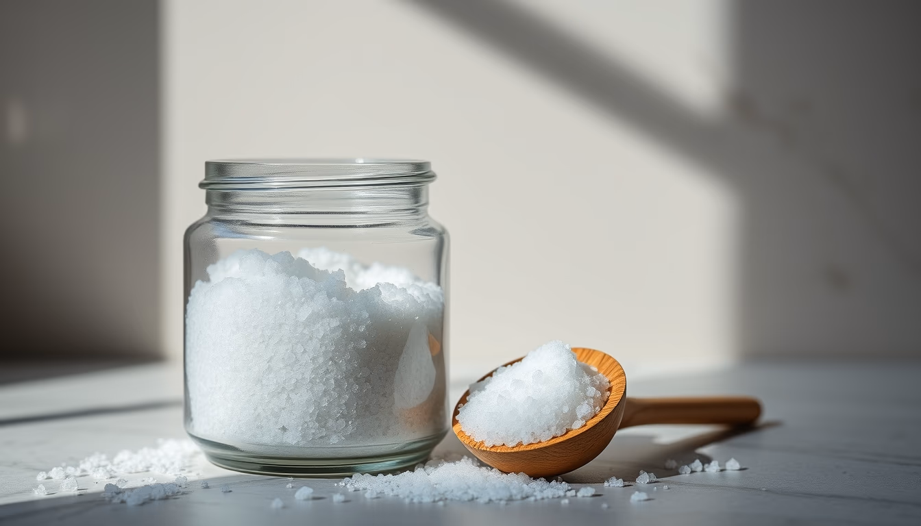 salt scrub jar wood spoon in editorial style