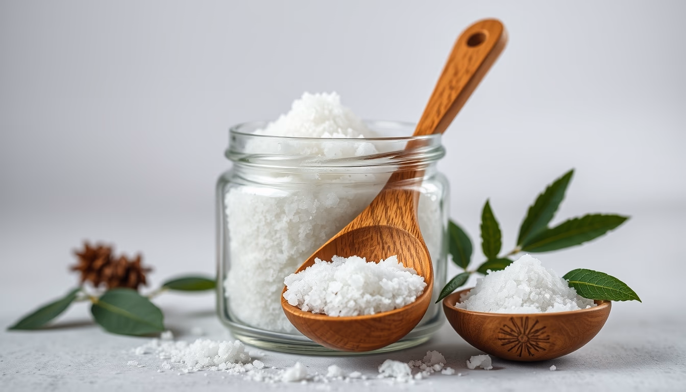 salt scrub jar wood spoon in editorial style