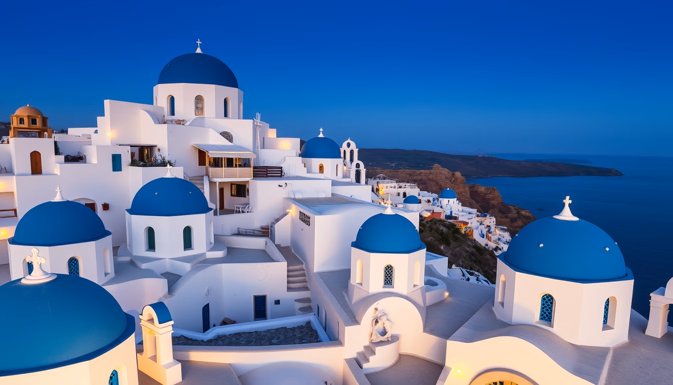santorini blue domes in editorial style