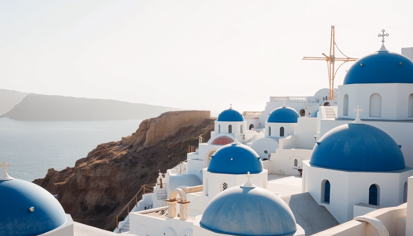 santorini blue domes in editorial style