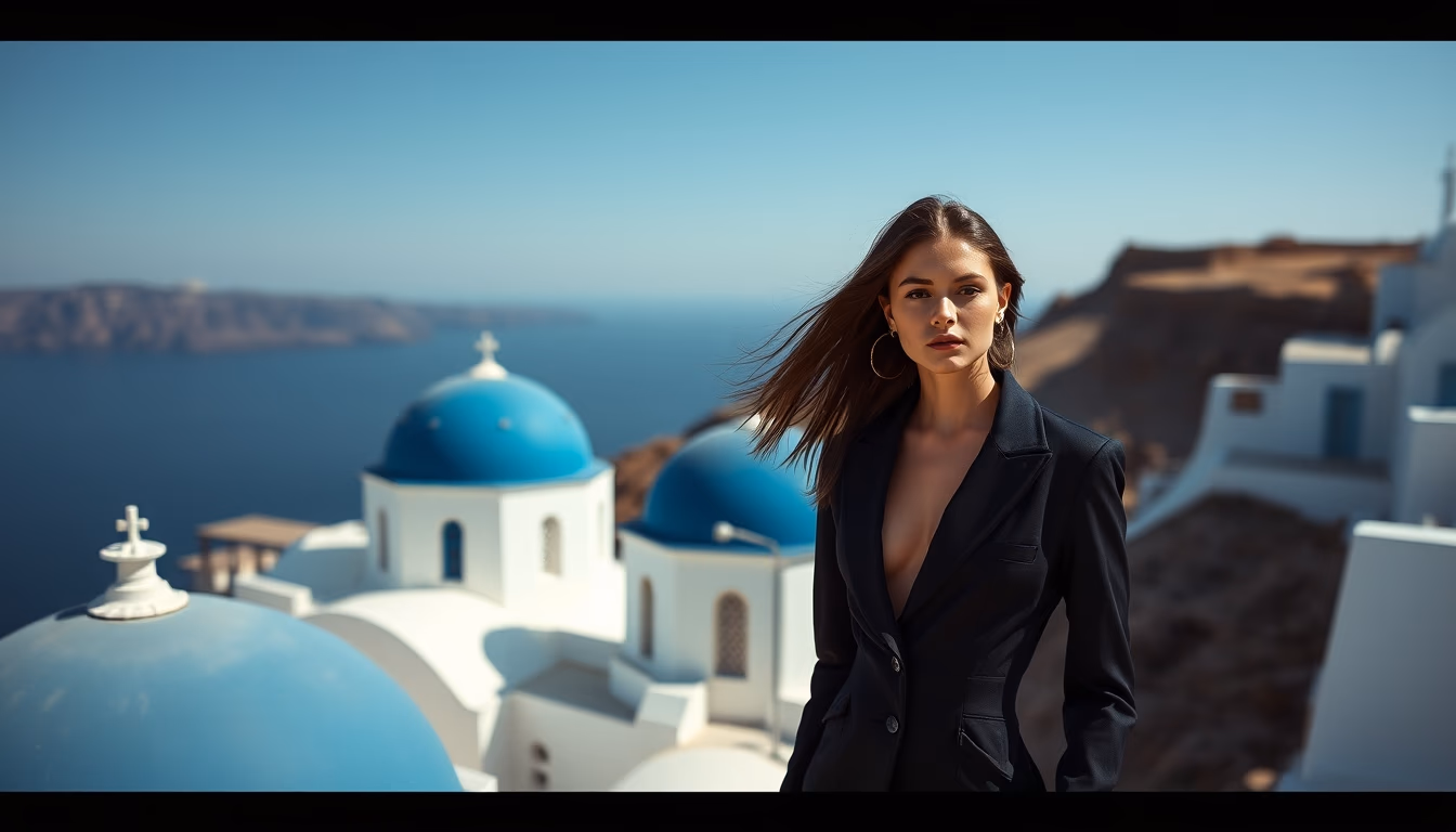 santorini blue domes in editorial style