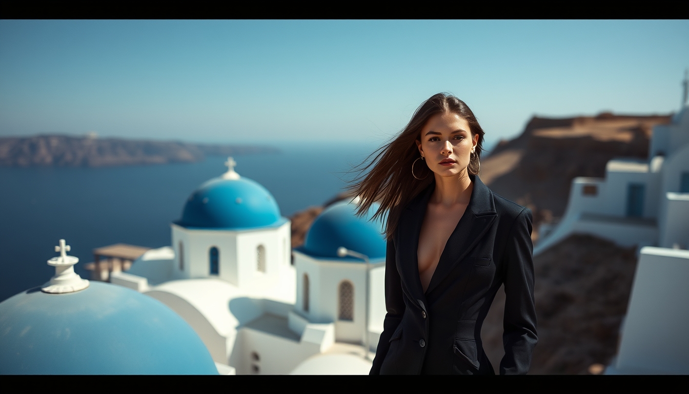 santorini blue domes in editorial style