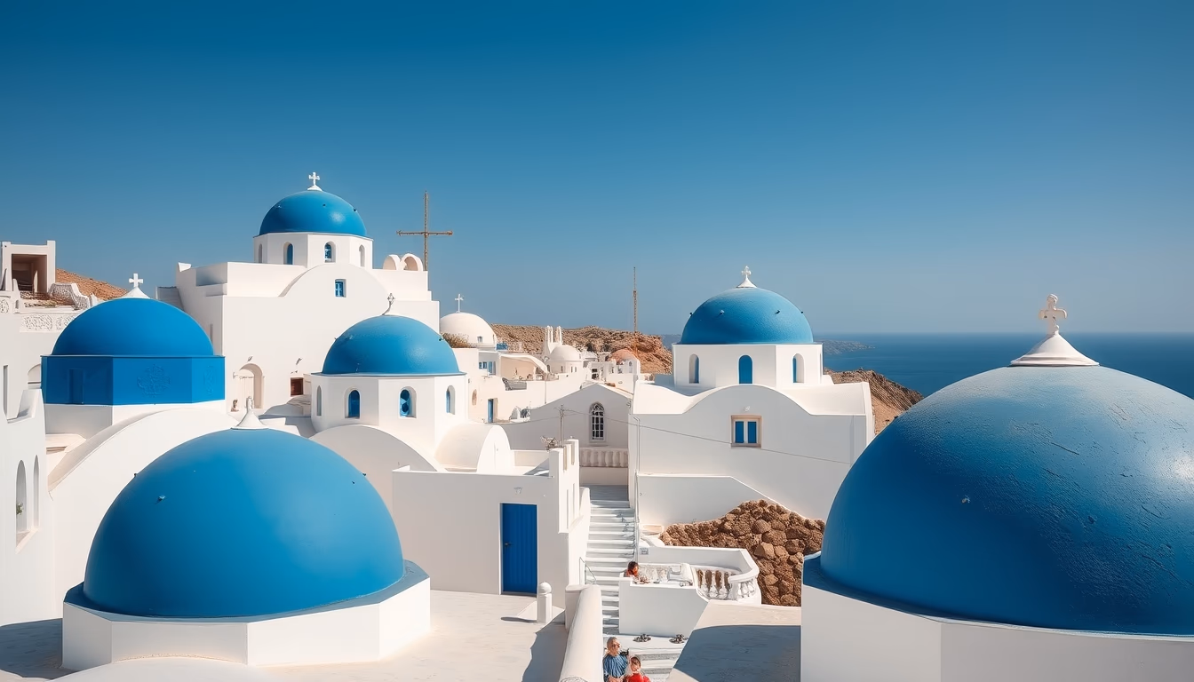 santorini blue domes in editorial style