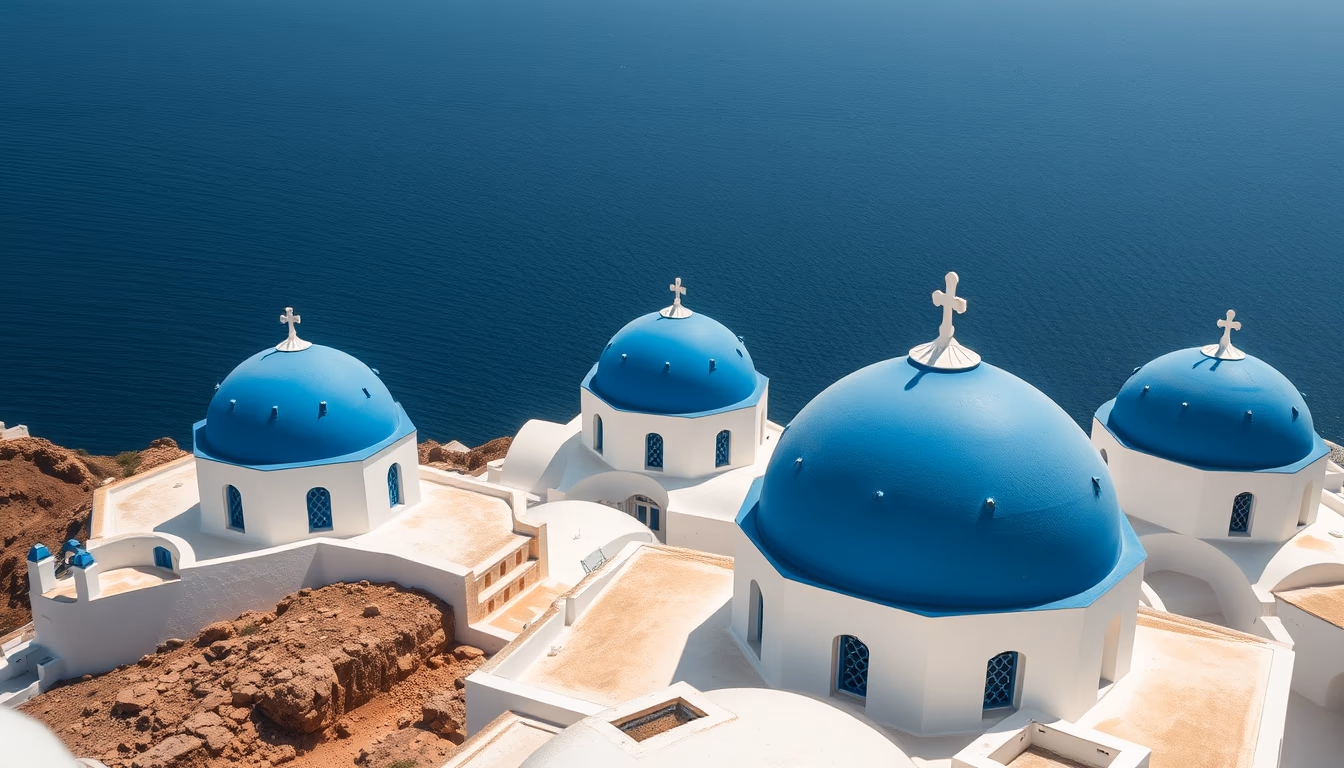 santorini blue domes in editorial style