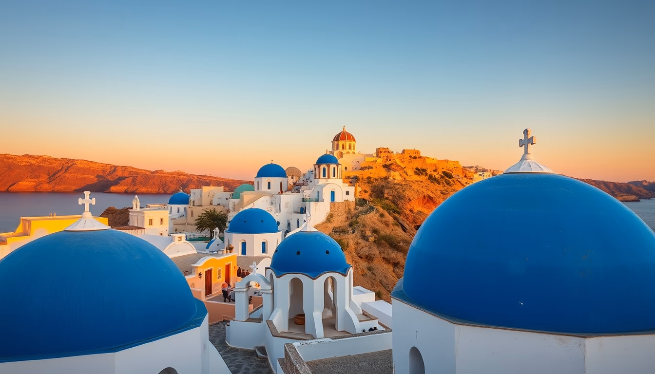 santorini blue domes in editorial style