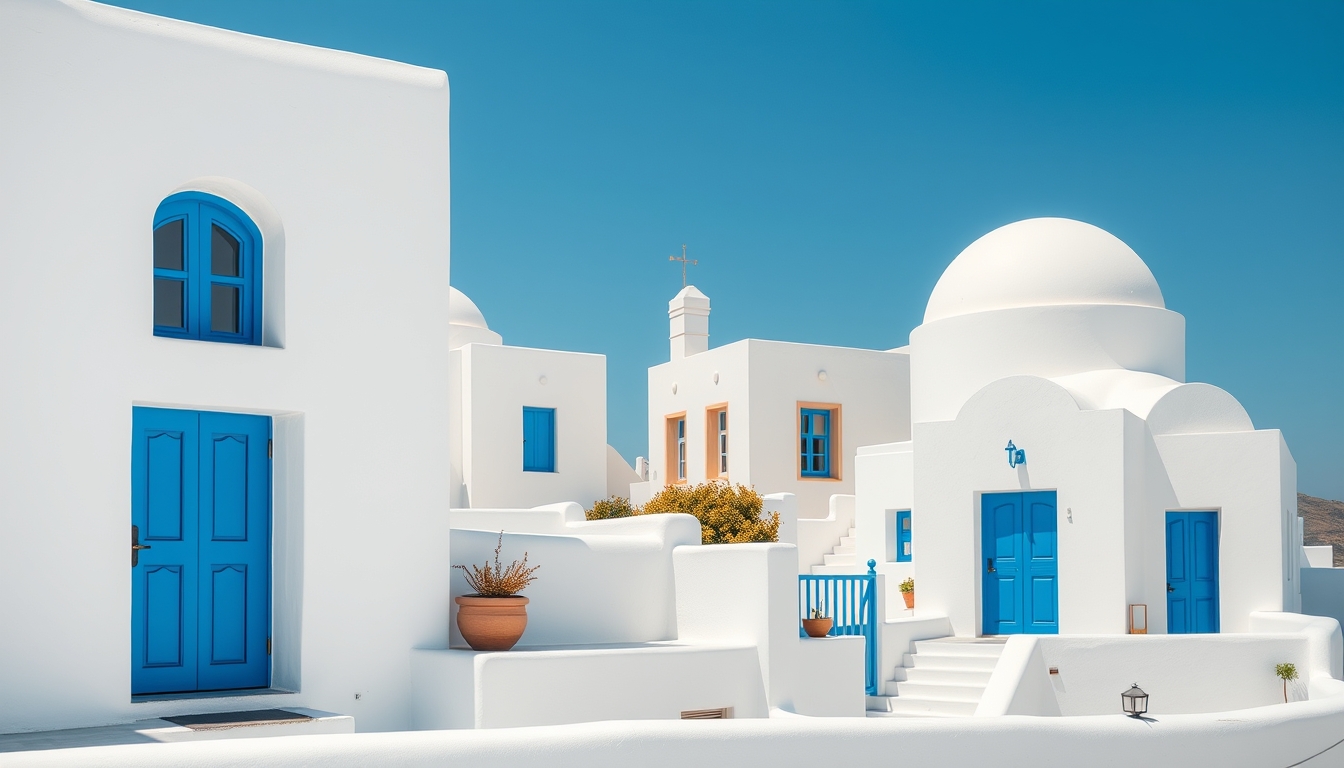 santorini white blue houses in editorial style