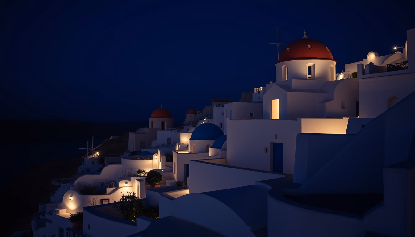 Santorini white blue houses em estilo editorial