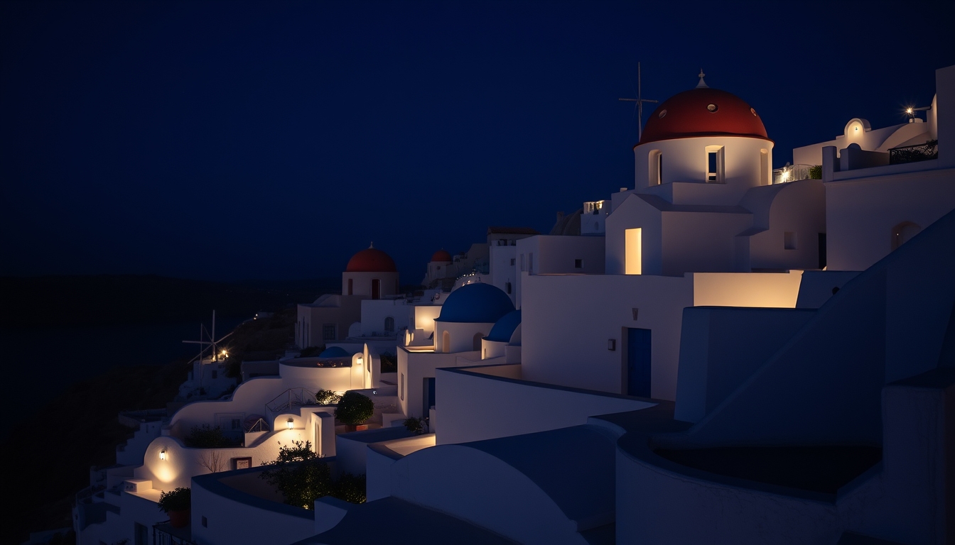 santorini white blue houses in editorial style