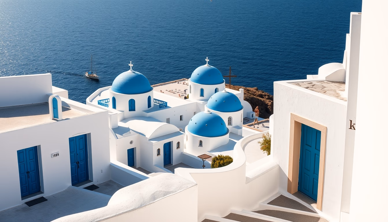 santorini white blue houses in editorial style