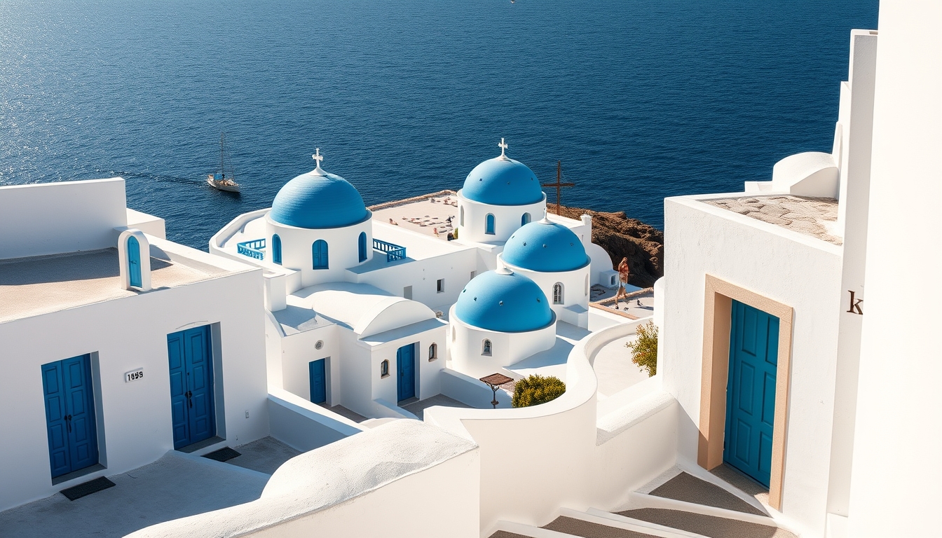 santorini white blue houses in editorial style