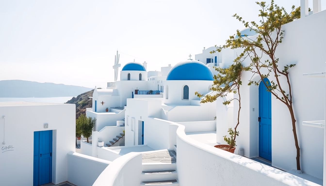 santorini white blue houses in editorial style